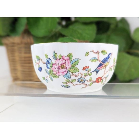 White Porcelain Bowl Gold Trim Floral Vintage Fine China Blue Birds Pink Floral - Picture 10 of 10